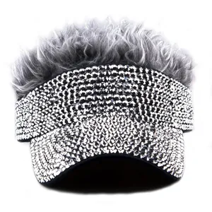 Sparkly rhinestone sun visor hat with grey wig for women outdoor party and golf