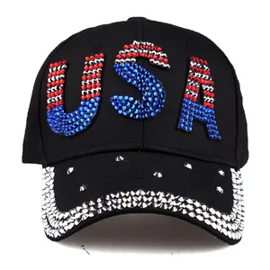 Denim baseball cap with USA rhinestone design and sparkling crystals on brim