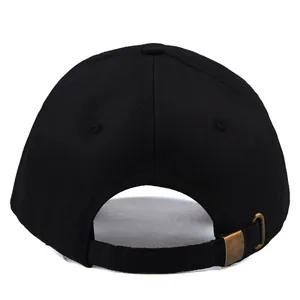 Rear view of black cotton baseball cap with adjustable antique brass metal buckle