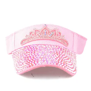 Pink visor hat with sparkly rhinestone crown and crystal-embellished brim for girls