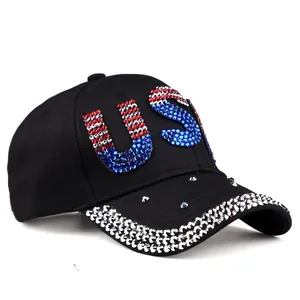 Black denim baseball cap with rhinestone US flag logo and sparkling silver crystal trim