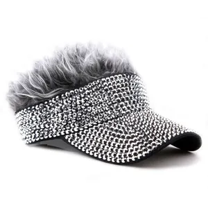 Sparkling rhinestone sun visor with grey synthetic wig hair for women outdoor parties