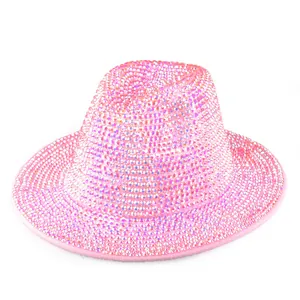 Detail showing hand-set pink rhinestones on a vintage wool fedora jazz hat