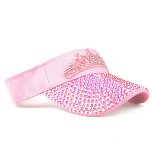 Pink open top sun visor with rhinestone crown pattern and fully studded brim for women