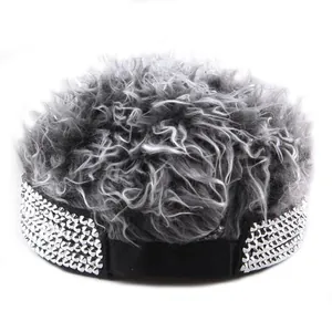 Sparkling rhinestone sun visor hat with grey curly hair wig for women outdoor sun protection