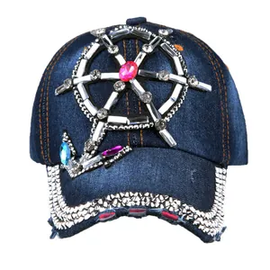 Deep blue denim baseball cap featuring nautical rhinestone steering wheel and anchor