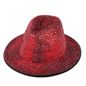 Close-up of sparkling red rhinestones on wool fedora hat for stage and party