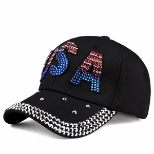 USA Rhinestone Studded Denim Baseball Cap American Flag Style Cotton Sun Hat Crystals Rivets For Women Fashion Outdoor