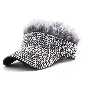 Creative Rhinestone Wig Visor Hat Sun Protection Empty Top Cap For Party Outdoor Golf Performance Women Novelty Apparel
