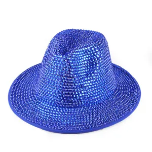 Close-up of deep blue wool fedora hat fully embellished with sparkling rhinestones