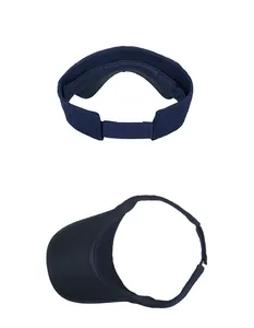 Detail view of navy sun visor with adjustable strap and breathable fabric texture