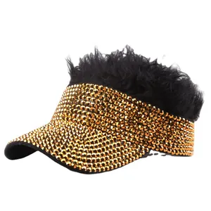 Golden rhinestone sun visor hat for women with black synthetic hair wig decoration