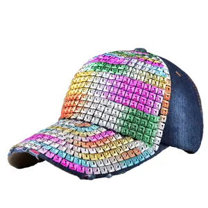 Navy denim baseball hat with rainbow rhinestone squares and distressed frayed brim