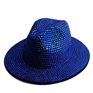 Detail view of sapphire blue rhinestones on a classic wool jazz fedora hat surface