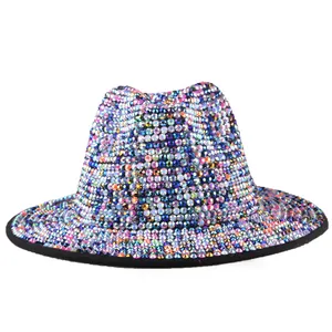 Sparkly Fedora stage hat with colorful rhinestones and elegant black brim edging