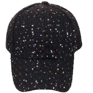 Women's black tweed baseball cap with colorful sequins and classic curved brim design