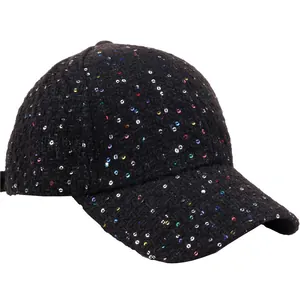 Women's black tweed baseball cap with colorful sequins and curved sun visor brim