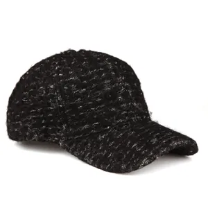 Classic black tweed baseball cap for women featuring warm thick woolen fabric texture