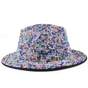 Sparkly multicolored rhinestone wool fedora hat for parties and stage performances