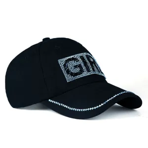 Women's black baseball cap with sparkling rhinestone 'GIRL' letters and brim accents
