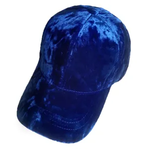 Detail of premium navy blue velvet baseball cap showing silky texture and 6-panel structure
