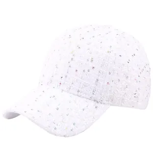 White tweed baseball cap with colorful sequins and textured fabric for women