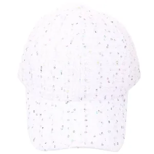 Detail of white tweed baseball cap with colorful sequins and textured weaving