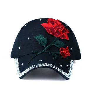 Women's black baseball cap with rose embroidery and rhinestone accents for sun protection