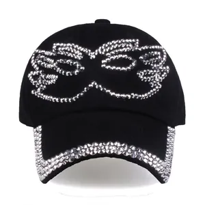Women's black cotton baseball cap with silver rhinestone butterfly design and studded brim