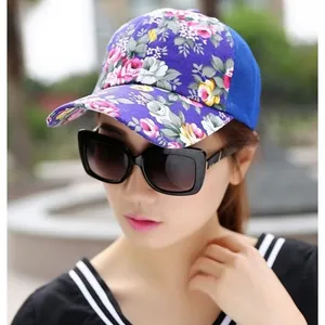 Detail of floral baseball cap with purple rose pattern and breathable mesh back