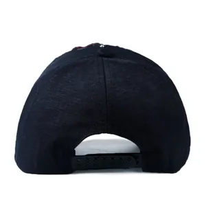Rear view of black cotton baseball cap with adjustable plastic snapback closure