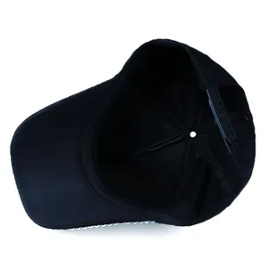 Detail view of adjustable snapback closure and rhinestone trim on a black baseball cap