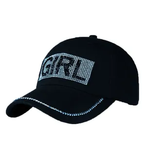 Black cotton baseball cap with rhinestone GIRL lettering and sparkling brim detail