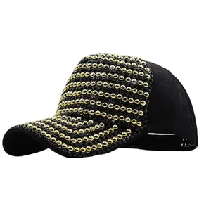 Women's black baseball cap with golden rhinestone stripes and sun protection