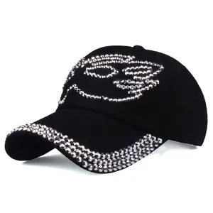 Women's Rhinestone Baseball Cap Sparkly Bling Crystal Wings Pattern Cotton Denim Distressed Adjustable Sun Hat Outdoor Fashion