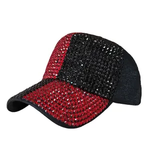 Sparkly rhinestone baseball cap with red and black crystal contrast design for women