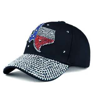 Detailed view of Texas state flag rhinestone map pattern on black baseball cap