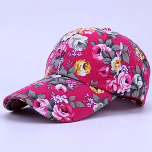 Close-up of pink rose floral pattern on a durable canvas baseball cap for women