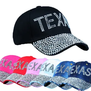 Detailed view of Texas rhinestone baseball caps in seven vibrant colors and denim fabrics