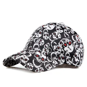 Top view of a black baseball cap featuring an all-over white and red skull print pattern