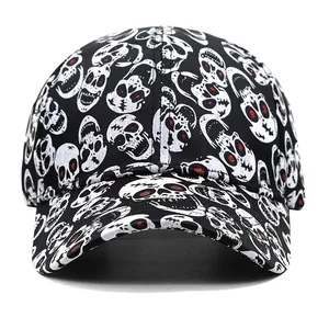 Detailed close-up of skull print baseball cap with red glitter eyes and punk style texture