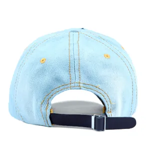 Adjustable light blue denim baseball hat with yellow stitching shown from back view