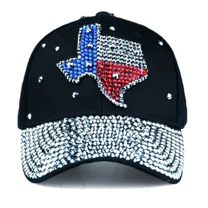 Women's Rhinestone Baseball Cap Texas Map Design Sparkling Crystal Distressed Cotton Denim Sun Hat Outdoor Fashion Trucker Cap
