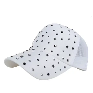 White baseball cap with sparkling black rhinestones and breathable mesh back