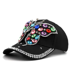 Casquette de Baseball Papillon Strass Fait Main Luxe Femmes Mode Coton Denim Protection Solaire Chapeau Réglable