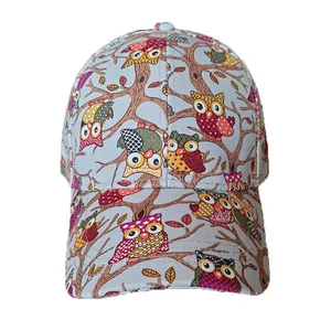 Light gray baseball cap featuring colorful cartoon owl prints on durable cotton canvas