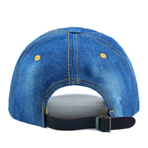 Back view of blue denim baseball cap with yellow contrast stitching and leather strap