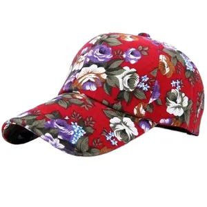 Women's red baseball cap with large floral patterns for outdoor sun protection