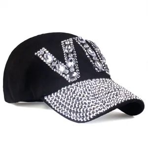 Women's black baseball cap with sparkling VIP rhinestone letter and studded brim detail