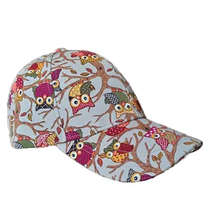 Light gray cotton baseball cap with colorful cartoon owl print and curved brim